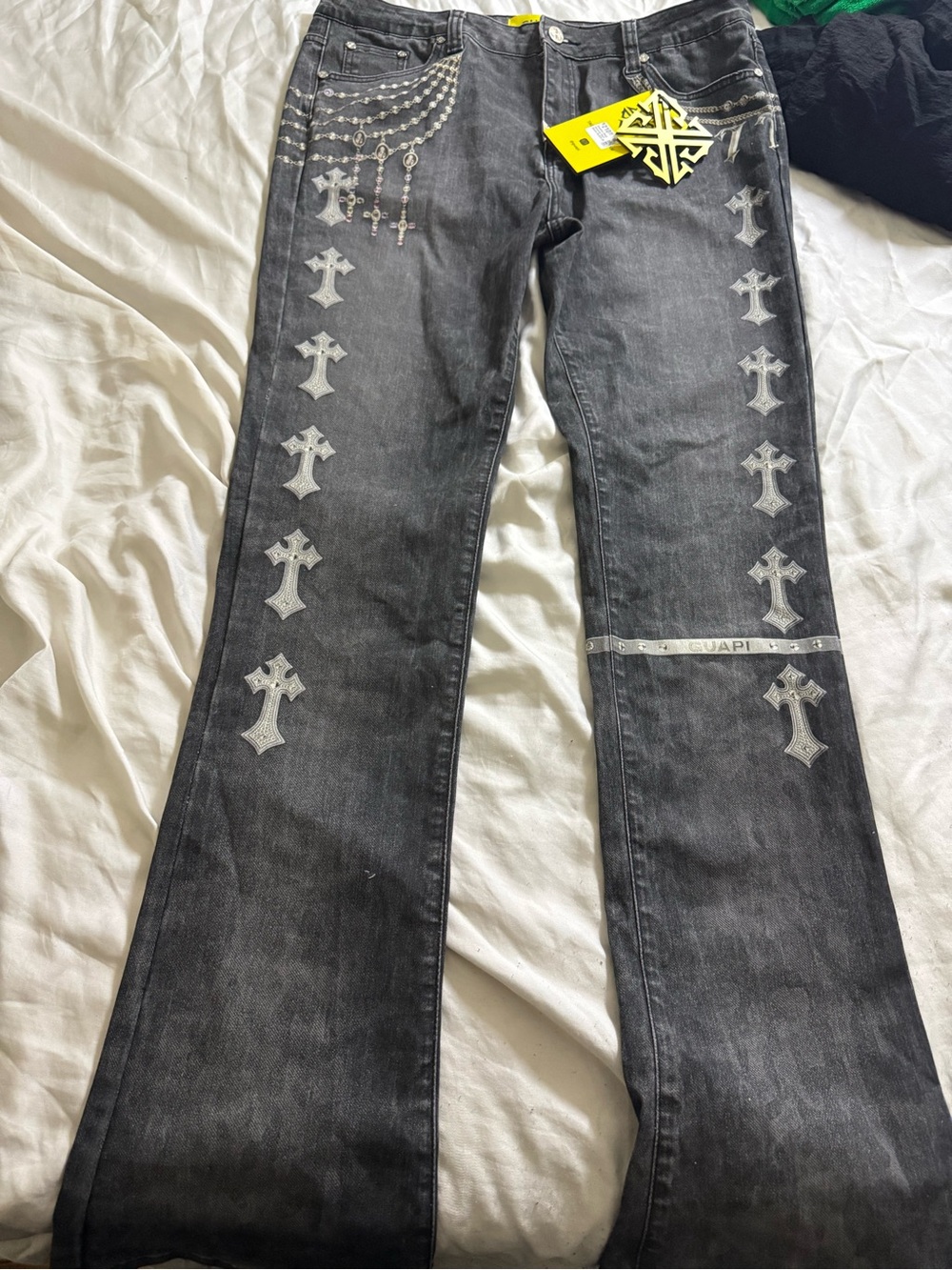 Tag Black Slim Flare Jeans with Silver Cross Motif